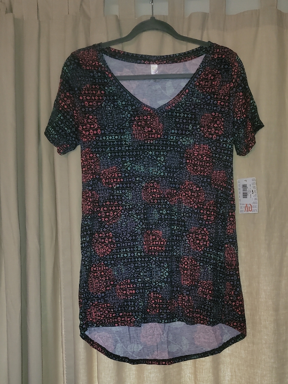LuLaRoe V-Neck Short Sleeve Tunic in Black with Coral & Teal Pattern